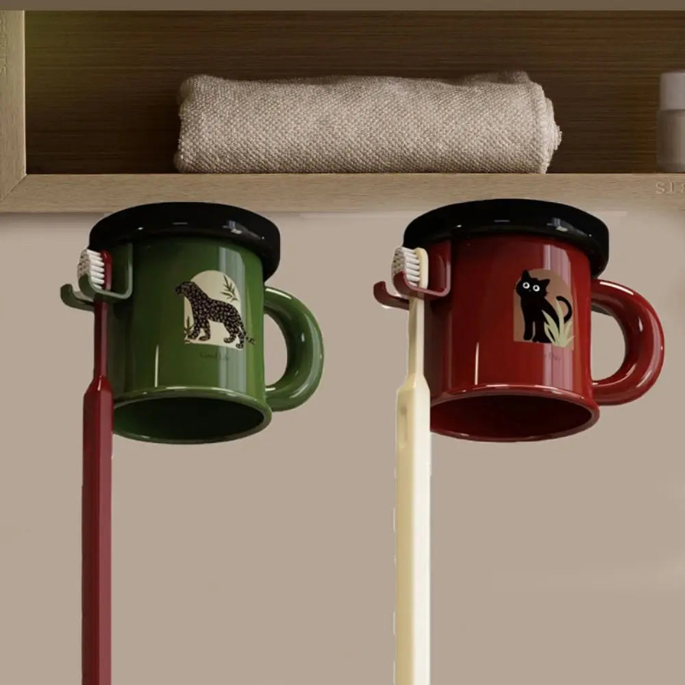 Plastic Inverted Toothbrush Cup Rack Dustproof Space Saving Magnetic Mouthwash Cup Set Wall-Mounted with Toothbrush Holder