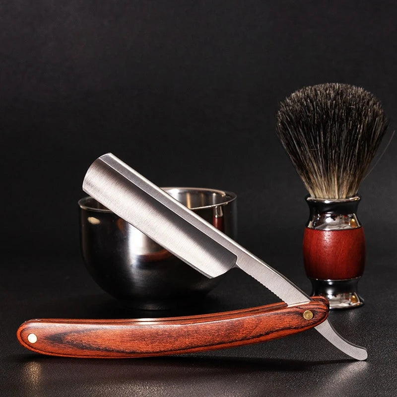 1pc/2pcs Vintage Wood Handle Straight Edge Stainless Steel Barber Razor Folding Shaving Knife