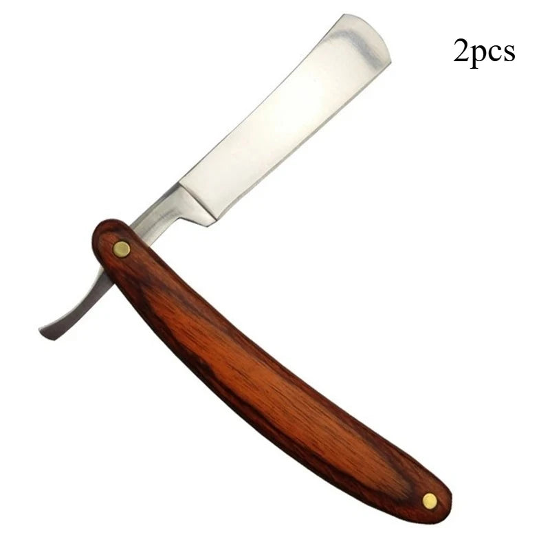 1pc/2pcs Vintage Wood Handle Straight Edge Stainless Steel Barber Razor Folding Shaving Knife